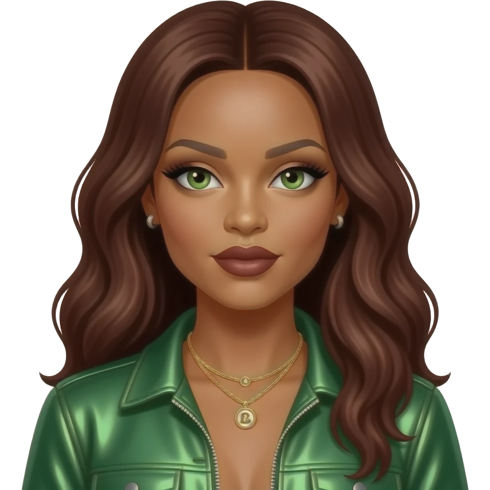 Rihanna with hazel-green eyes, long dark auburn hair, black eyeshadow and lipstick, green metallic R&B outfit, necklace and earrings emoji