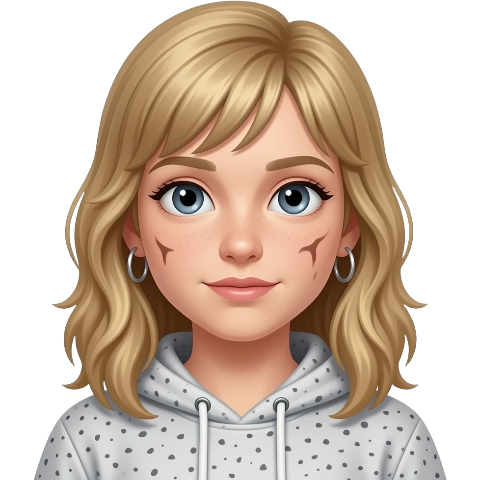 6th grade girl with dirty blonde hair wearing a speckled hoodie with hoop earrings and greyish blue eyes emoji