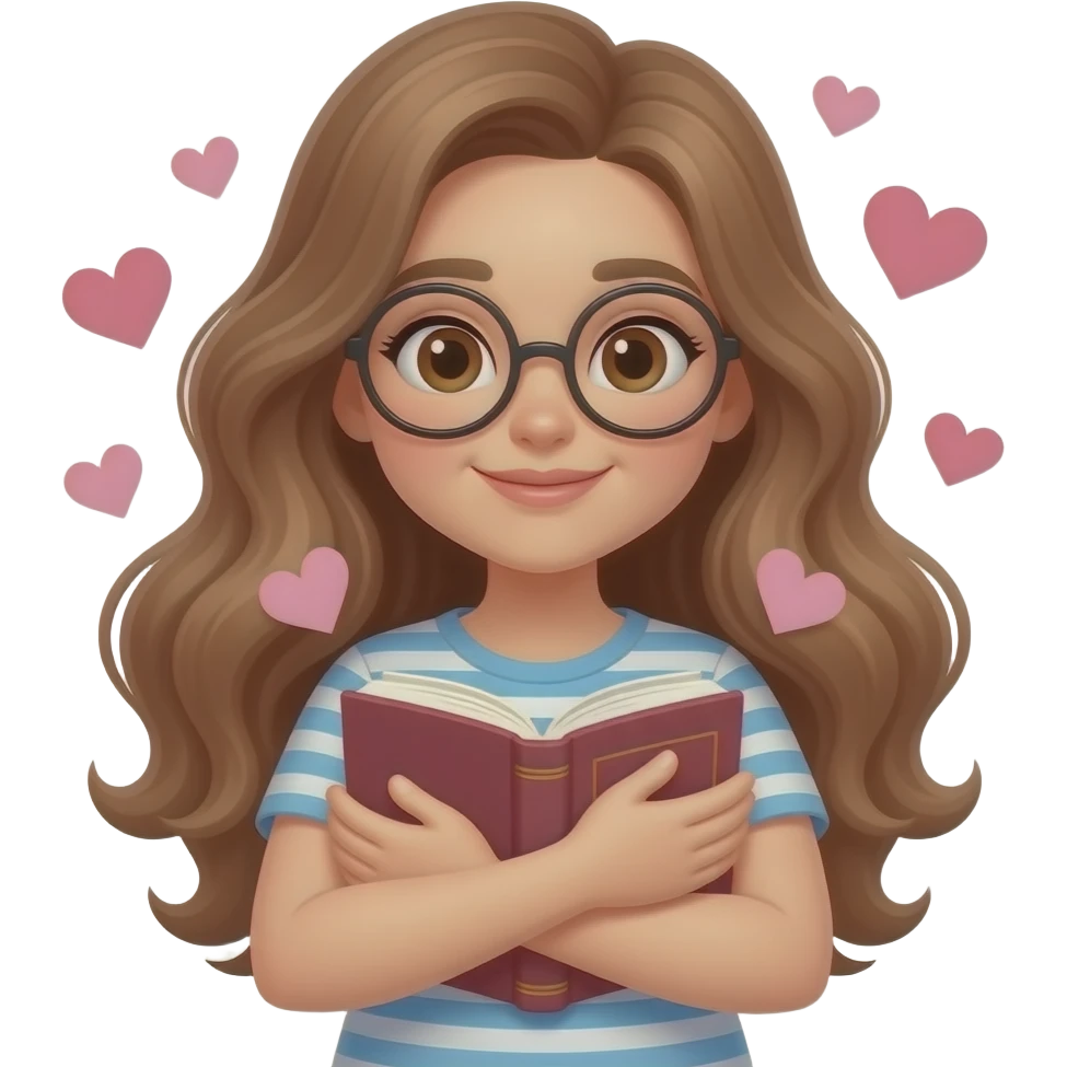 detailed emoji illustration of a curvy woman with long light brown wavy hair, light brown eyes and round glasses hugging a book with hearts around her, in love with the story, cute emoji style emoji