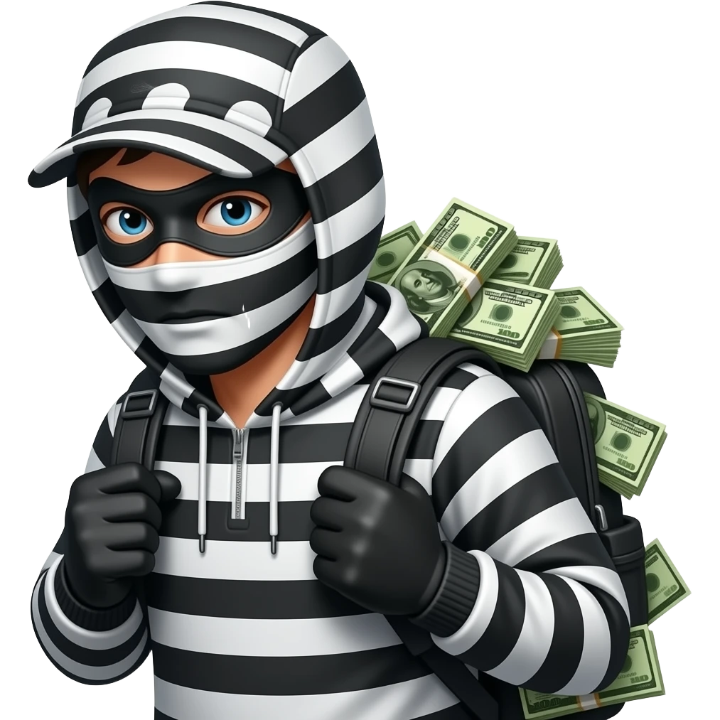 Quiero que sea un emoji como de un ladrón que tenga la vestimenta como de ladrón de negro, con blanco de rayas, y que tenga una máscara del mismo color con un gorro que sea con rayas también blancas y negras, y con un saco en la espalda que esté lleno de dinero emoji