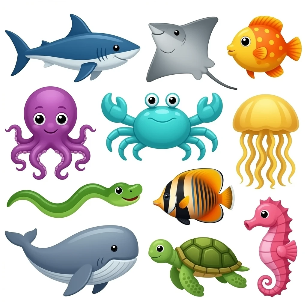 Look it all the ocean animals in the barn: Blue swordfish, gray stingray, orange and yellow blowfish, purple octopus, turquoise crab, green eel, yellow jellyfish, orange and black angelfish, gray whale, green sea turtle, and pink seahorse emoji