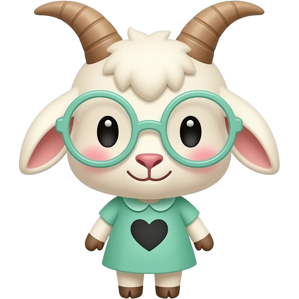 a cartoon goat with mint green round glasses and a green dress with a black heart on it and rosy cheeks, and brownish-pink horns, and some ears that hang of the side emoji