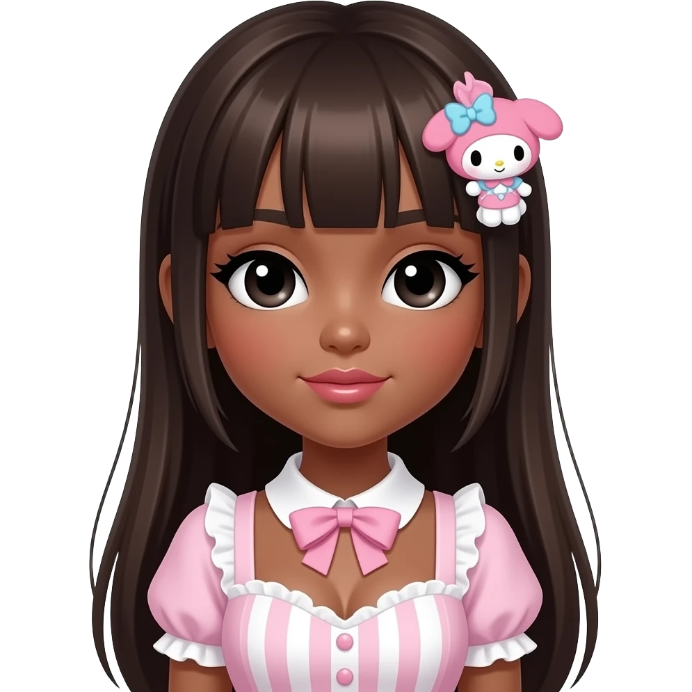Dark brown skin, Gyaru makeup, my melody hairclip, cutecore, doll eyes, Doll, big chest, dark brown skin, with straig htened long dark brown hair, black cute eyes, cute lips with Gyaru outfit emoji