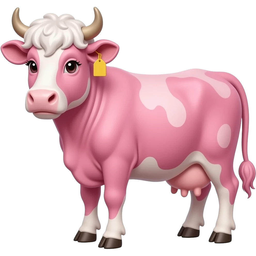 highly detilsed a cotton-pink cow with curly bangs with fluffy white eylashes and with a yellow tag in its ear emoji
