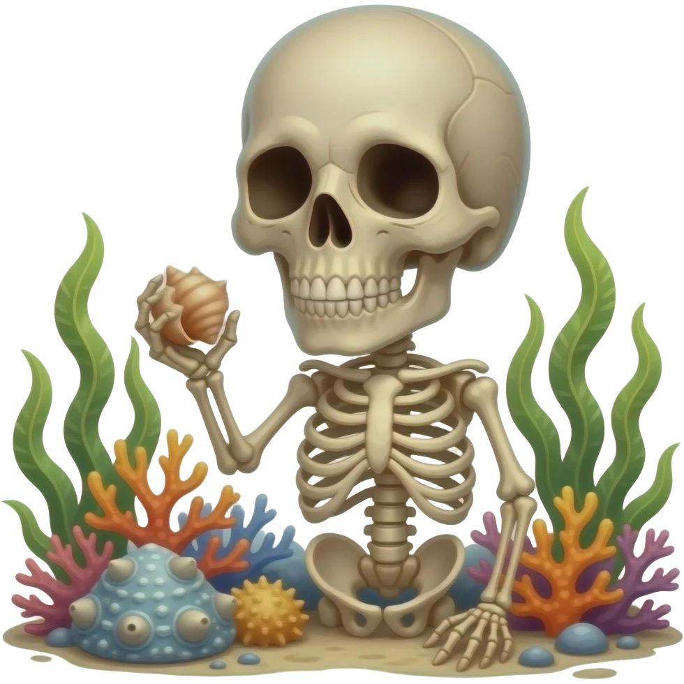A barnacle covered brown skeleton covered with corals and seaweed holding a m emoji