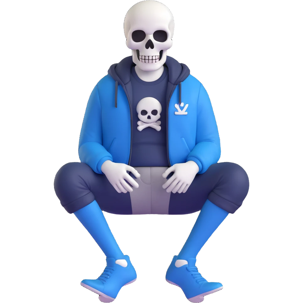 Sans character sitting with legs crossed, white skull, blue jacket, simple background emoji
