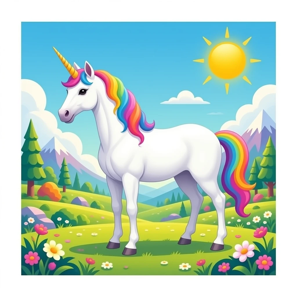 haz un unicornio con un paisaje fantastico con muchos colores emoji