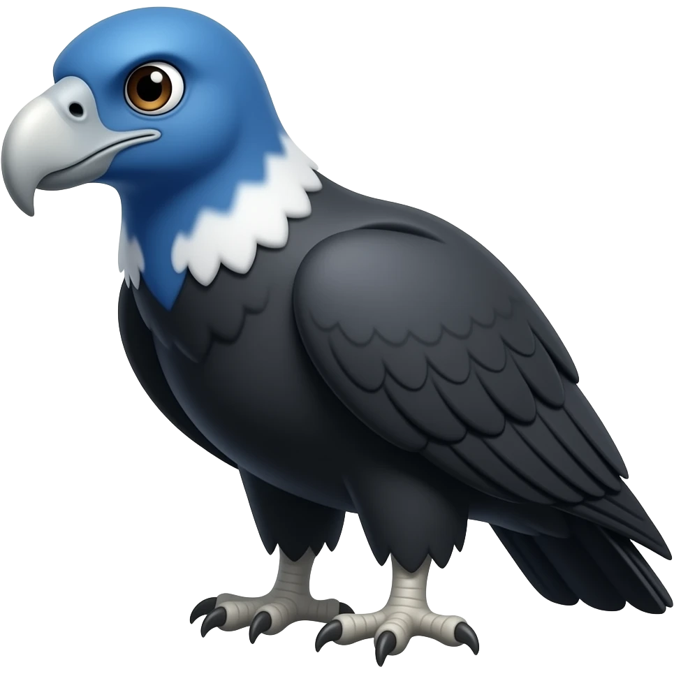 A condor (Vultur gryphus) emoji, with a cobalt blue hue, more intense on the skin of the neck and head, without other exaggerated colors, full body, menacing gaze and a slight smile. emoji