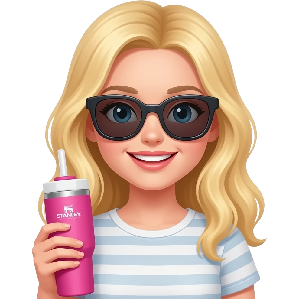 Sassy long blonde hair girl wearing sunglasses holding pink Stanley bottle emoji