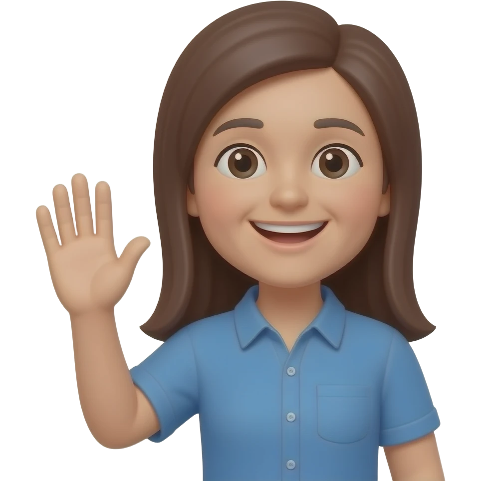 long straight brown hair 50 years old, thin body, teaching, and smiling features show the emoji smiling and waving features emoji