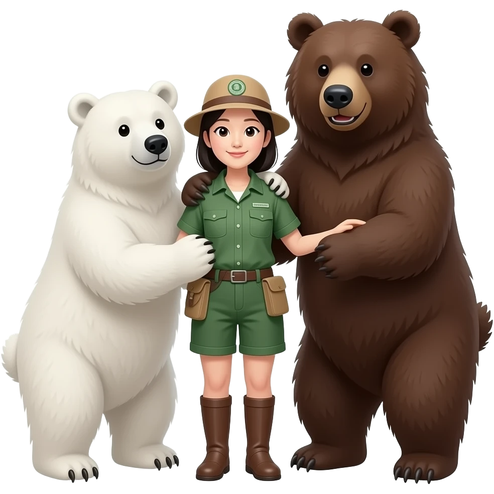 korean woman with zookeeper outfit for one white bear and one grizzly bear with the same height, affectionate to the zookeeper emoji