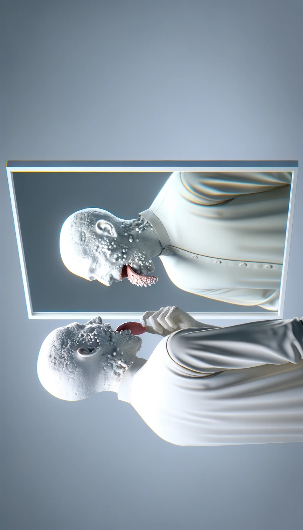 CORPO UMANO ANATOMICO IN PIEDI  A FIGURA INTERA CHE SI GUARDA LA LINGUA ALLO SPECCHIO , TIENE LA LINGUA FUORI E LA LINGUA è PIENA DI MACCHIE BIANCASTRE, NEUTRAL CLEAR BACKGROUND, iperrealistico 4k emoji
