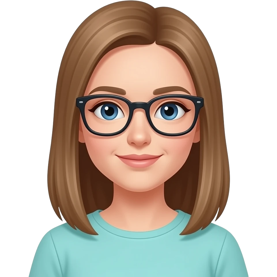 Girl with pale skin, sightly straight hair, dark blue eyes, light brown hair, back length hair, black glasses, mint color top emoji