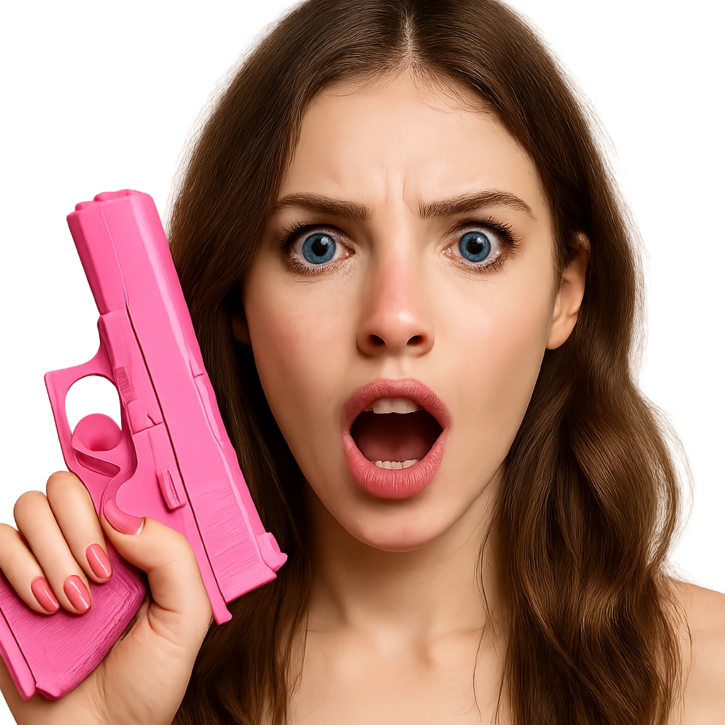close-up portrait of a white girl with blue eyes, pink nails, holding a pink gun, expressive face emoji