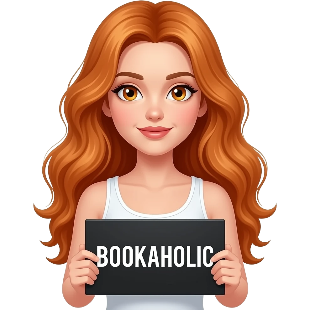 sexy girl with long wavy ginger hair and ginger eyes wearing a white tanktop is holding a black colored sign with BOOKAHOLIC written on it emoji