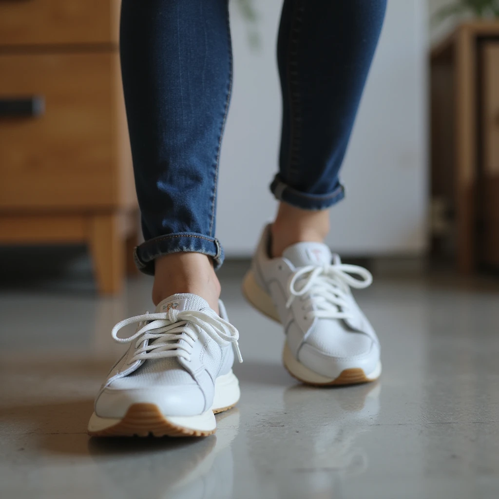 realistic 4K woman wearing sneakers with visible insole, slight frustrated expression while walking indoors emoji