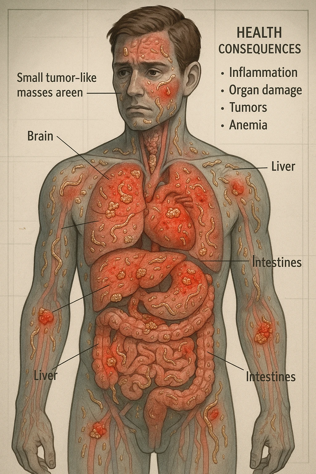 a semi-transparent view of a man’s body reveals numerous parasitic organisms inside his organs and tissues. Some areas are highlighted with red or inflamed zones, and small tumor-like masses are visible where the parasites cluster. The background is clinical and educational, with labels pointing to affected organs and a sidebar showing the health consequences. emoji