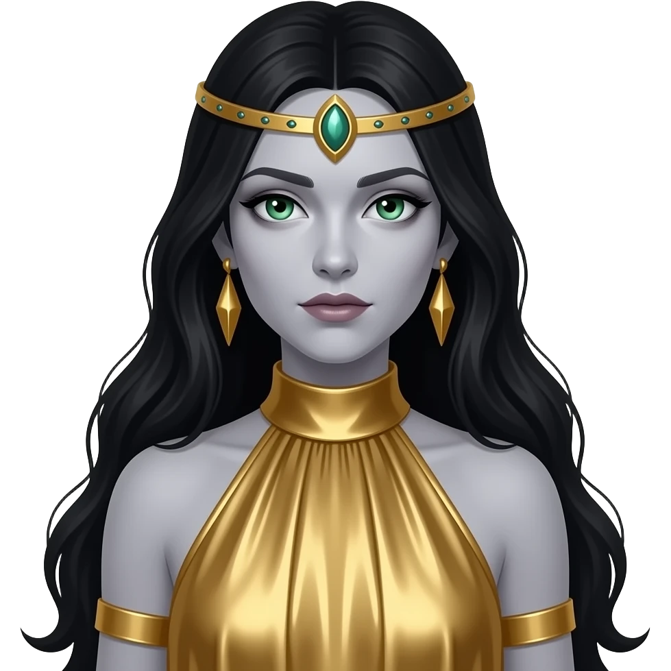 Akasha from The Vampire Chronicles with pale-grey skin, green eyes, long black hair, gold metallic halter dress, gold collar and headdress, gold earrings emoji