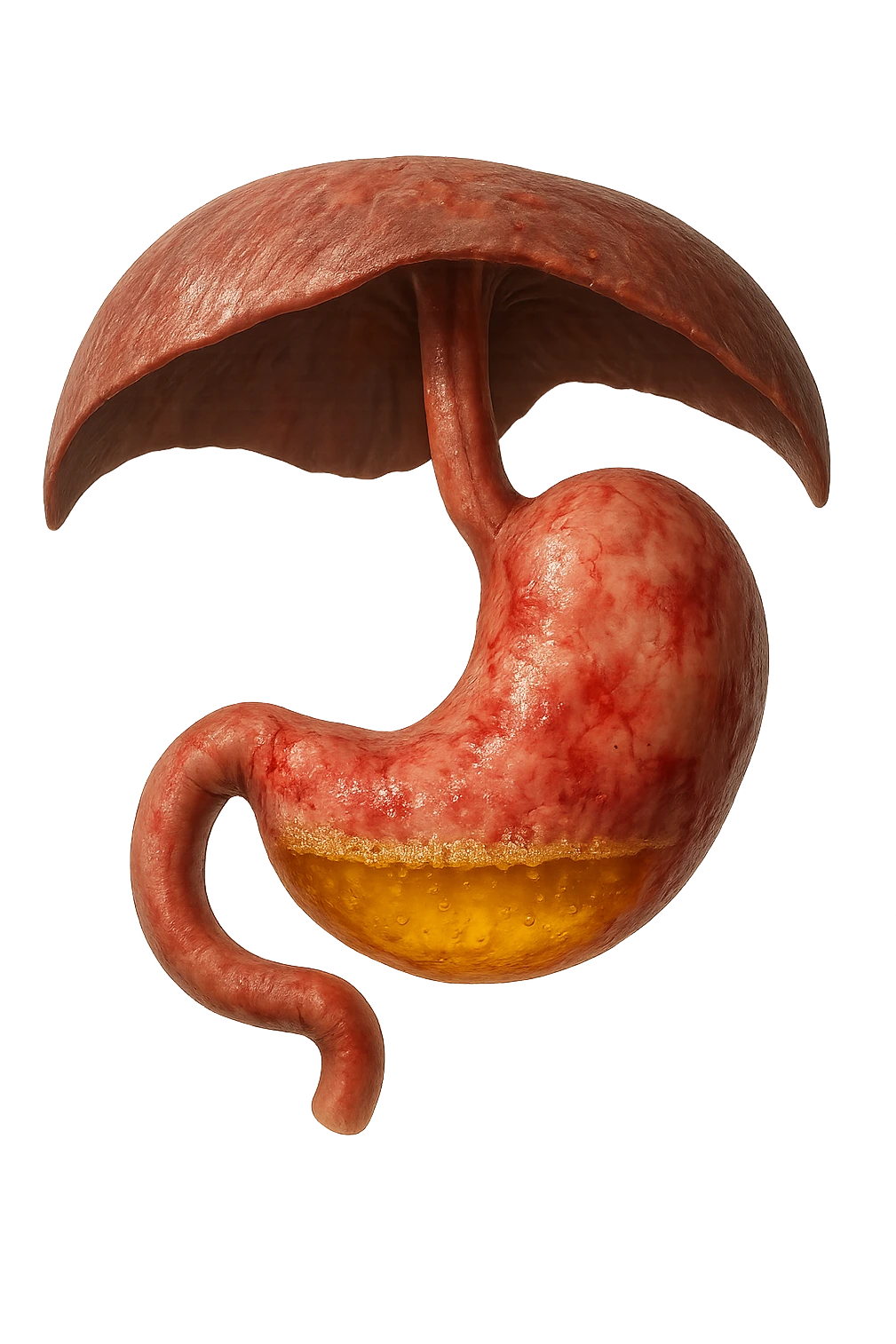 stomaco umano anatomico infiammato con acido giallo all'interno fluttua in aria insieme ad un diaframma umano, iperrealistico 4k, isolato su sfondo bianco emoji