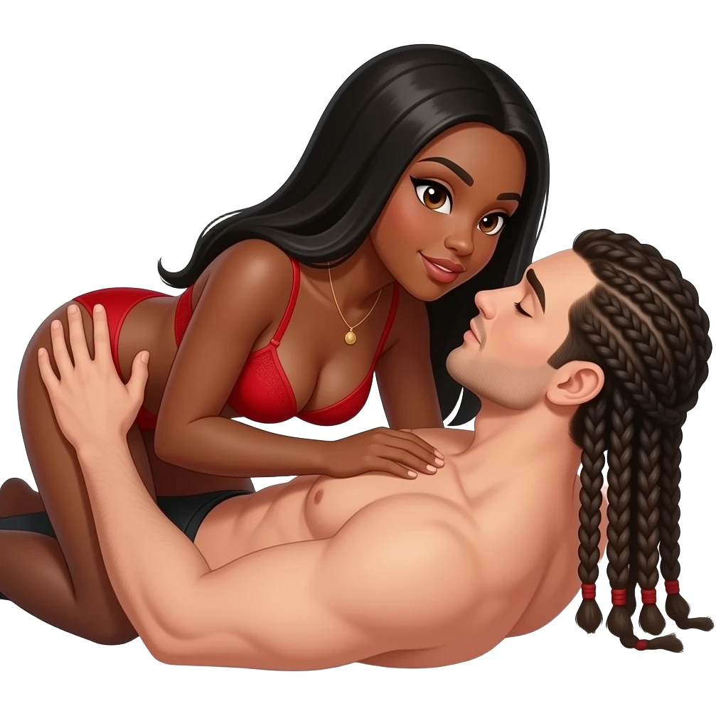 Lightskin black woman with brown eyes & long black straight hair wearing only a sexy red bra bent over having sex with a skinny white man with braids that come down to neck wearing nothing emoji