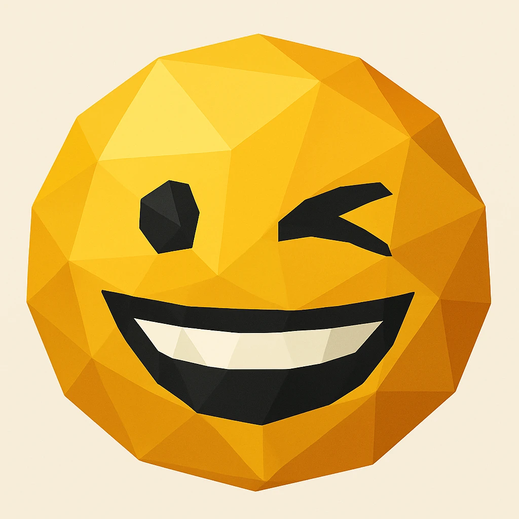 Make the smiling face emoji wink, keeping the geometric 2D style with polygonal shapes and facets. emoji