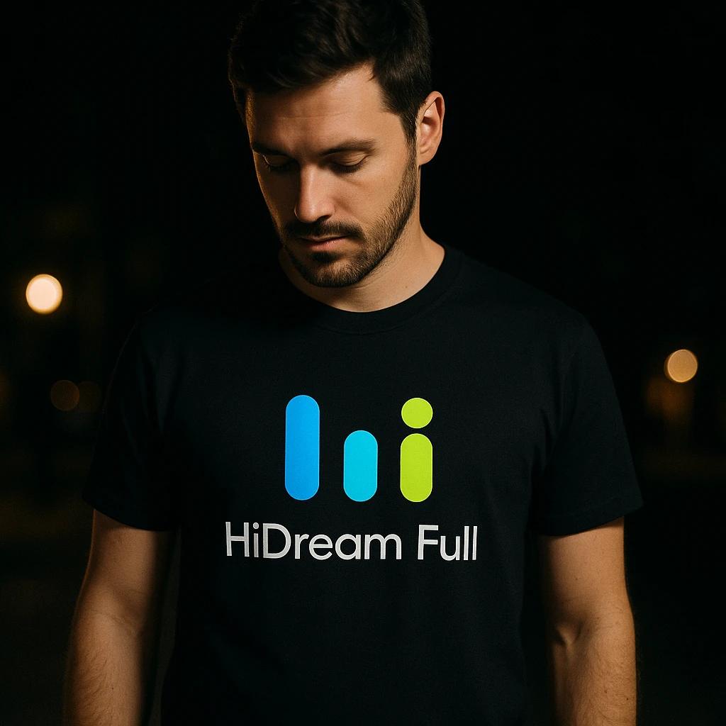 man wearing tshirt with this logo, dark night background with dim lights emoji