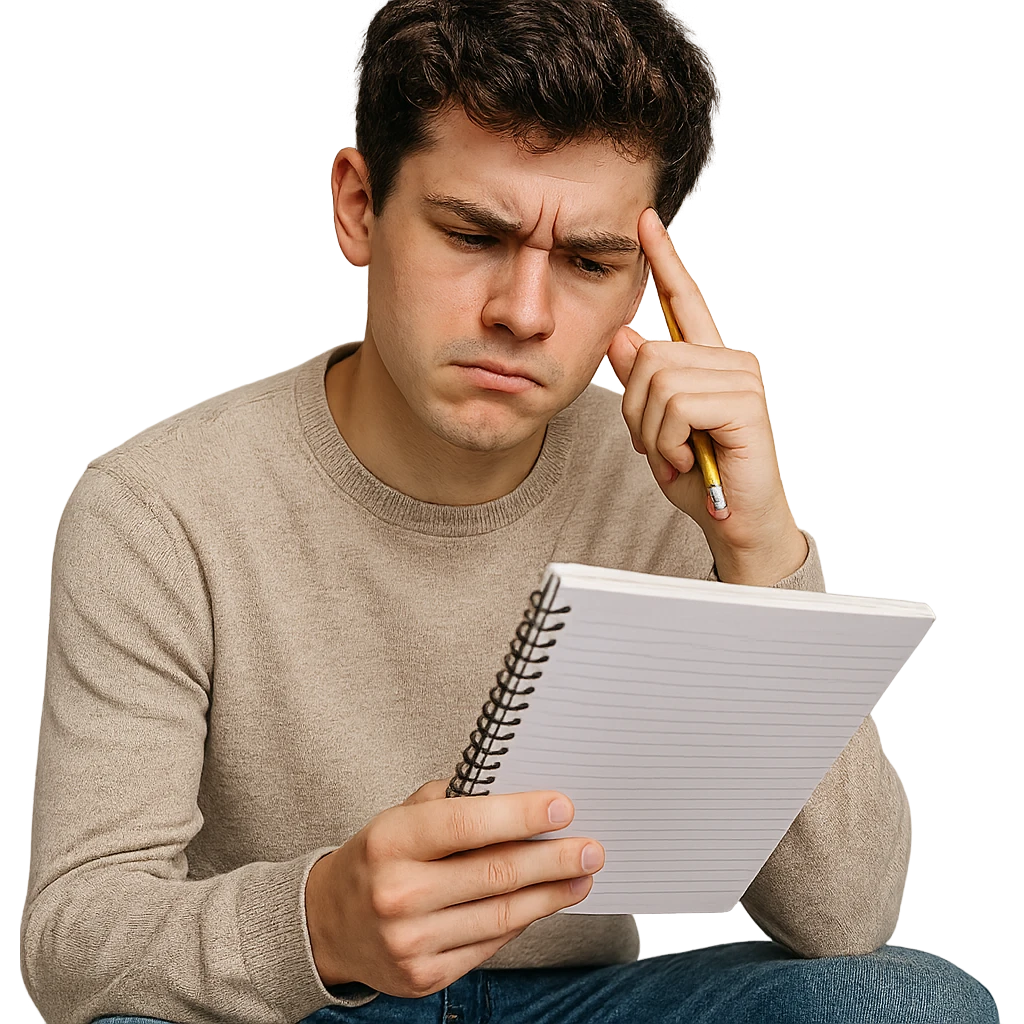 realistic style student thinking about a question, frowning while looking at notebook, thoughtful emoji