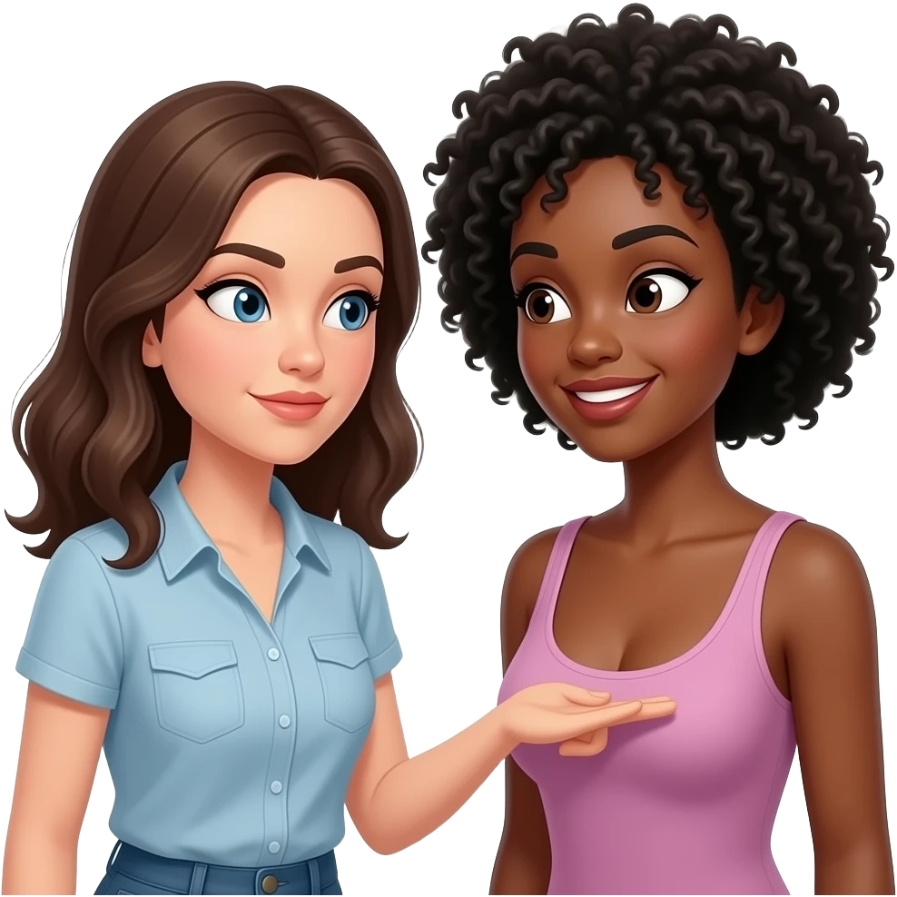 A woman stares intently thirsty at a black womans breasts with a michevious smile on their face emoji