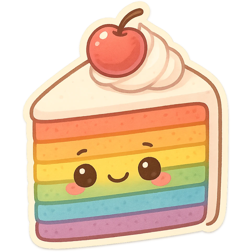 chibi sticker-style rainbow cake slice, cute and exaggerated emoji