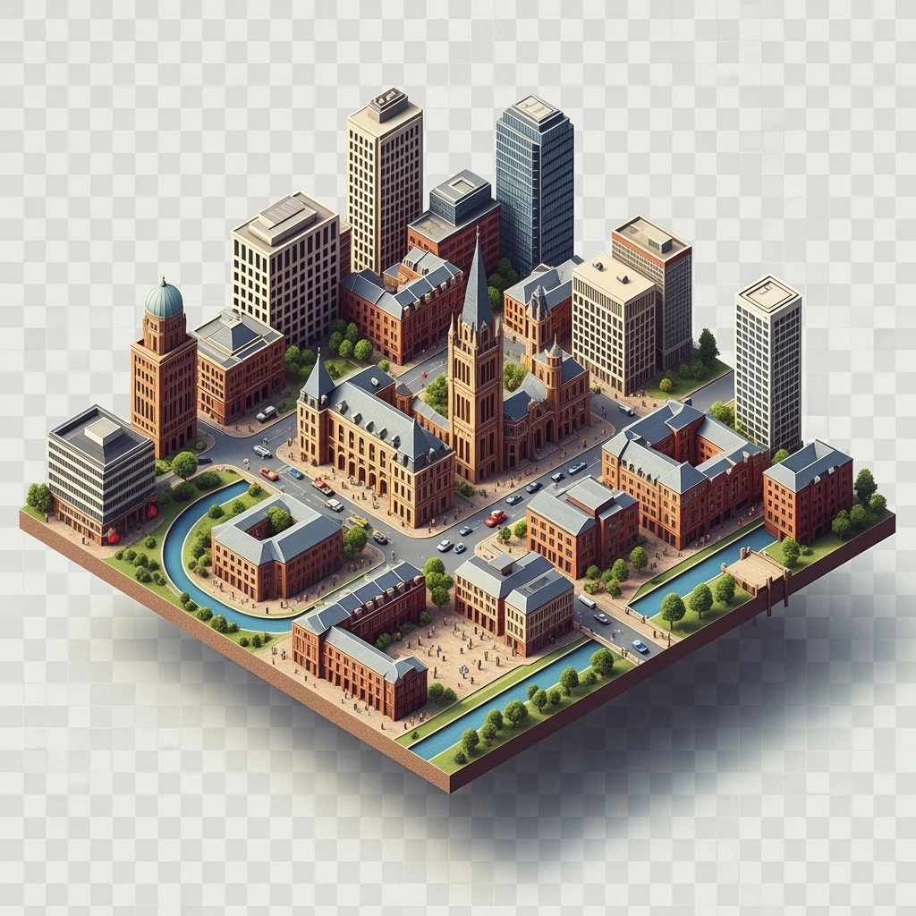 Isometric illustration of Birmingham highly detailed in semi-realistic, 3D miniature effect, transparent background. emoji