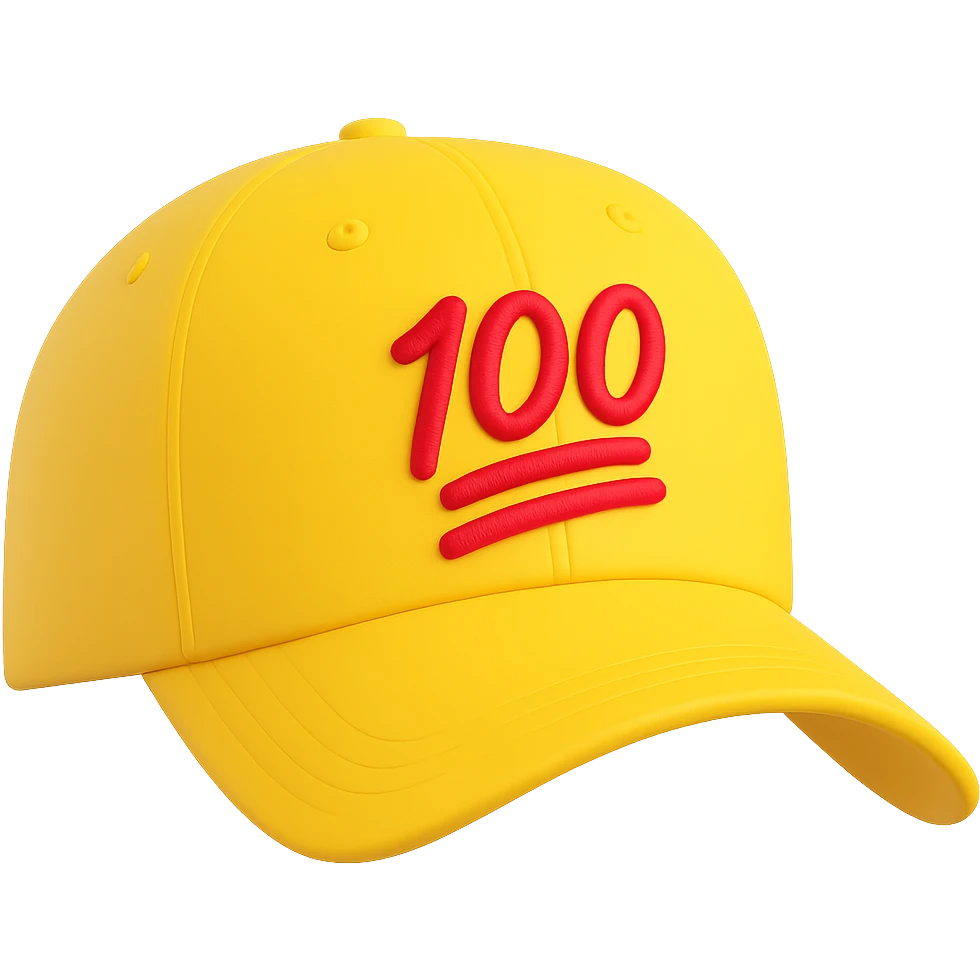 Embroider the red 100 emoji on the front of the yellow baseball cap in the style of microsoft 3D fluent emojis, with no background. emoji