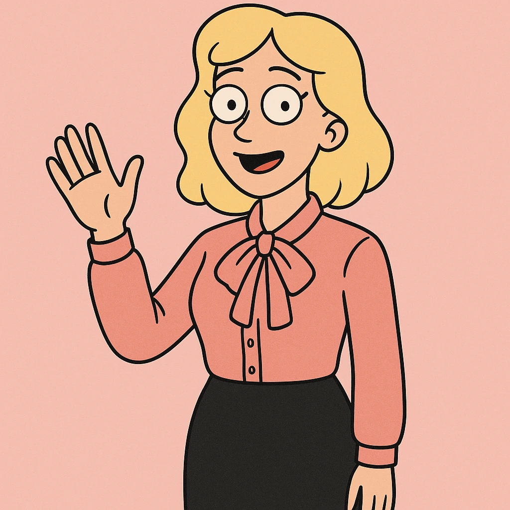 A woman light yellow hair Sky pink Flavia Pussy Bow Blouse Black Numana Straight Skirt a hand say hello emoji