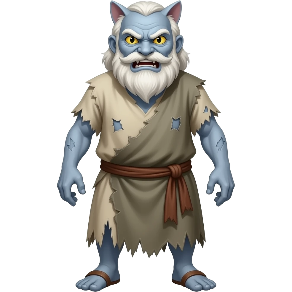 A full bodied slender old man with ashen colored skin, yellow cat eyes and demonically possessed man that has an angry smile on his face, wearing tattered clothing from biblical times emoji