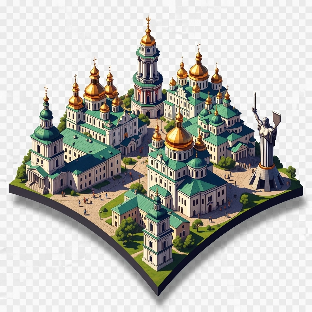 Isometric illustration of photorealistic Kyiv, balanced between paint stylized and realistic, 3D miniature effect, transparent background. emoji