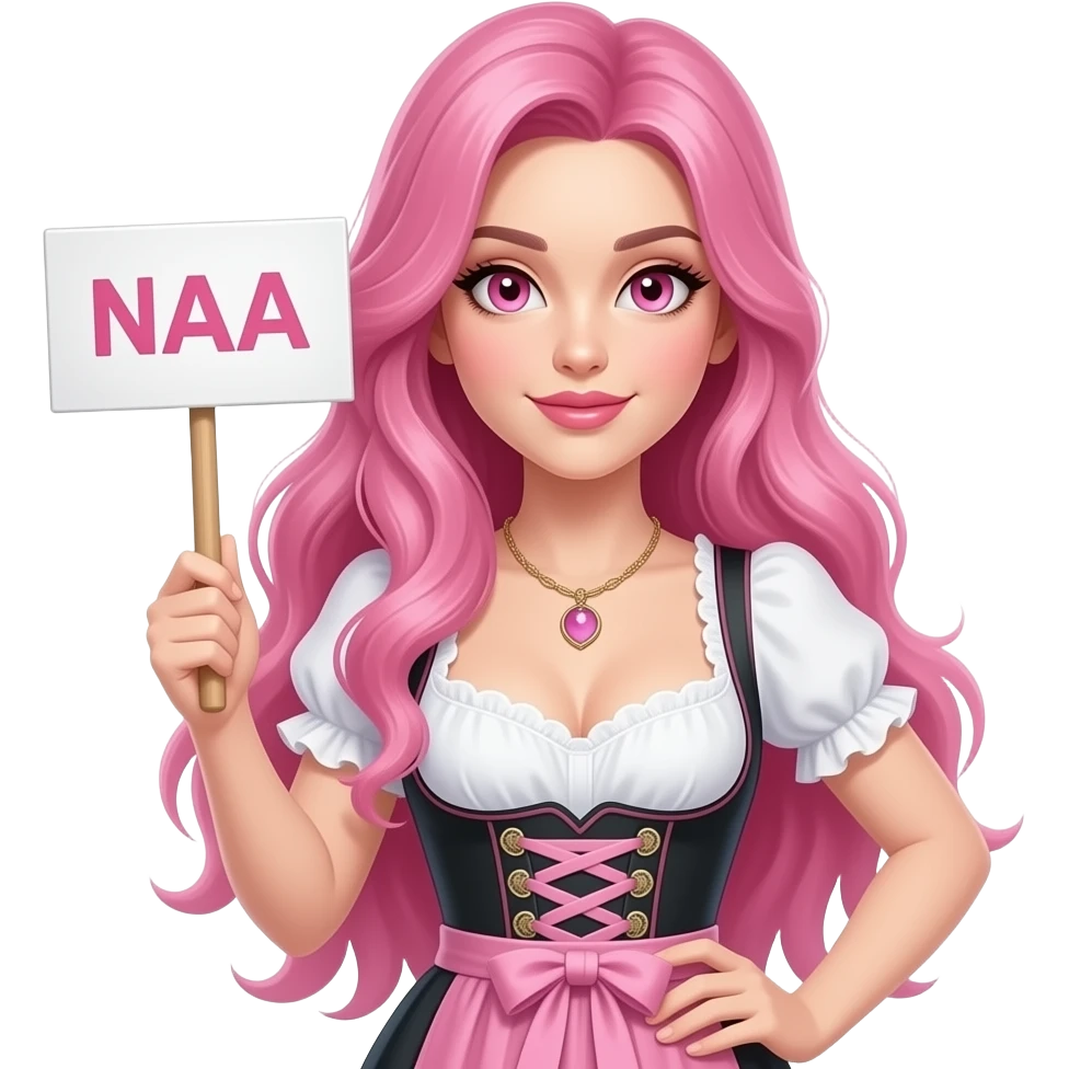 sexy girl with long pink hair and pink eyes wearing a dirndl holding a NAA sign emoji