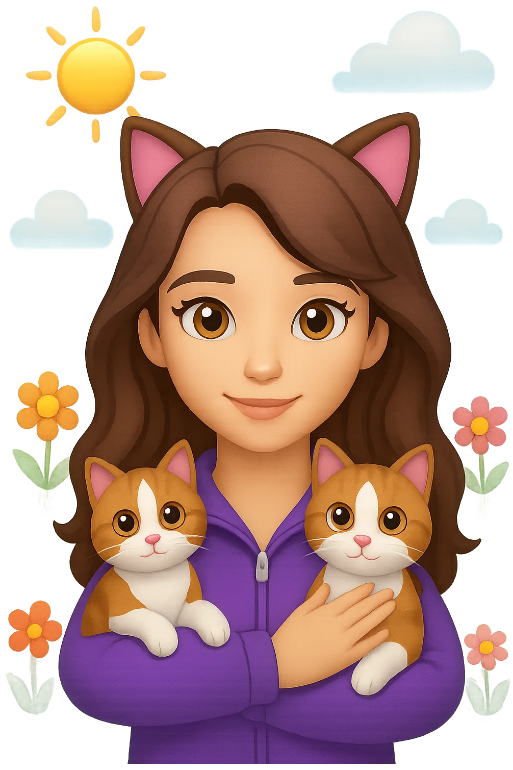 Add a simple, cheerful background to the scene with a girl with long, wavy brown hair, brown eyes, purple clothes, and a three-color cat, in emoji style. emoji