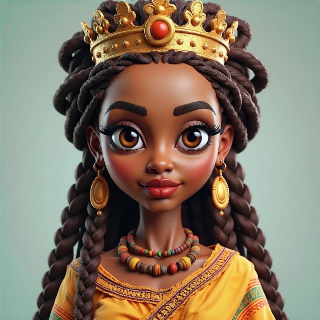 Create me a Stylized 3D Character Art of an beautiful Ethiopian Queen of Sheba wearing a queen crown, traditional Ethiopian habesha kemis dress. Make it have a balance of realism and caricature. Give her beautiful hair with braids and make her brown skinned. Make the image a portrait size  emoji