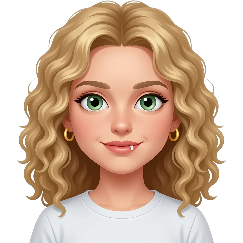 Create a fair girl with a mole under her lip, super curly hair and sage green eyes and curly dirty blonde hair, and give her gold small hoop earrings, curlier hair, have a small tooth on her shirt emoji