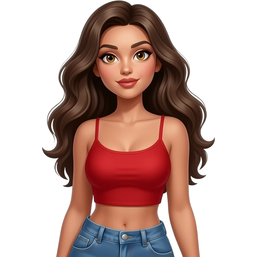 woman with tan glowy skin, hazel eyes almond with long lashes, softly arched brows, full lips, dark blonde flowing hair, delicate feminine sexy features, wearing a red crop top and blue low waist jeans, confident and femenine and glam makeup. Intense seductive look. Thinking I’m looking up. emoji