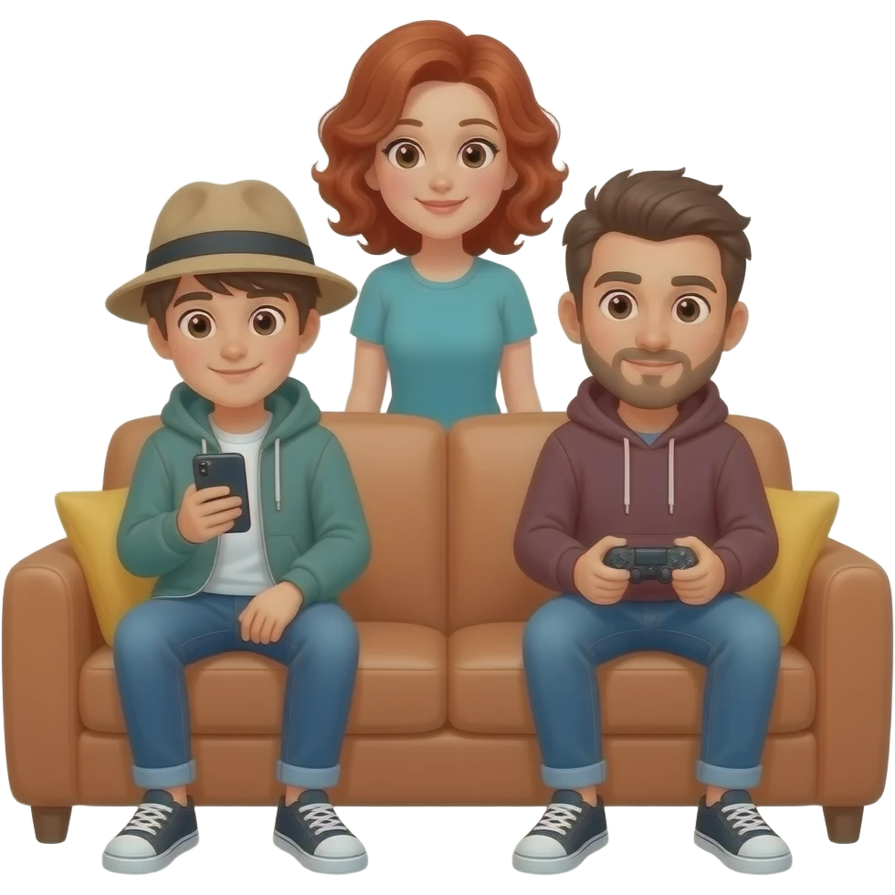 UN ADOLESCENTE CON UN CELULAR SENTADO EN UN SILLÓN USANDO GORRA Y VISTIENDO UN BUZO, OTRA ADOLESCENTE SENTADA EN EL SILLON JUGANDO A LA PLAY CON ROBA HOODIE. PADRE DE PELO CASTAÑO PÍEL MORENA Y MADRE COLORADA DE CABELLO RIZADO MIRANDO DESDE ATRAS DEL SILLÓN. emoji