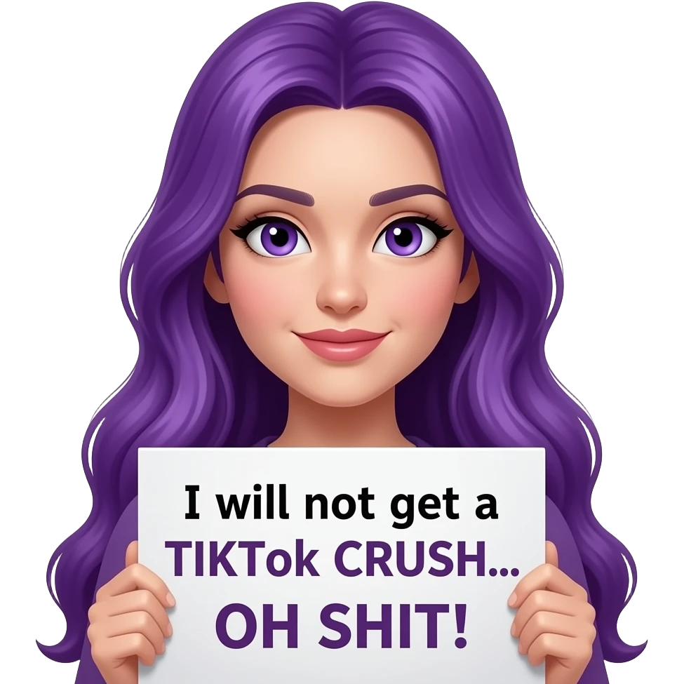sexy girl with long purple hair and purple eyes holding a I will not get a TIK TOK CRUSH... OH SHIT! sign emoji