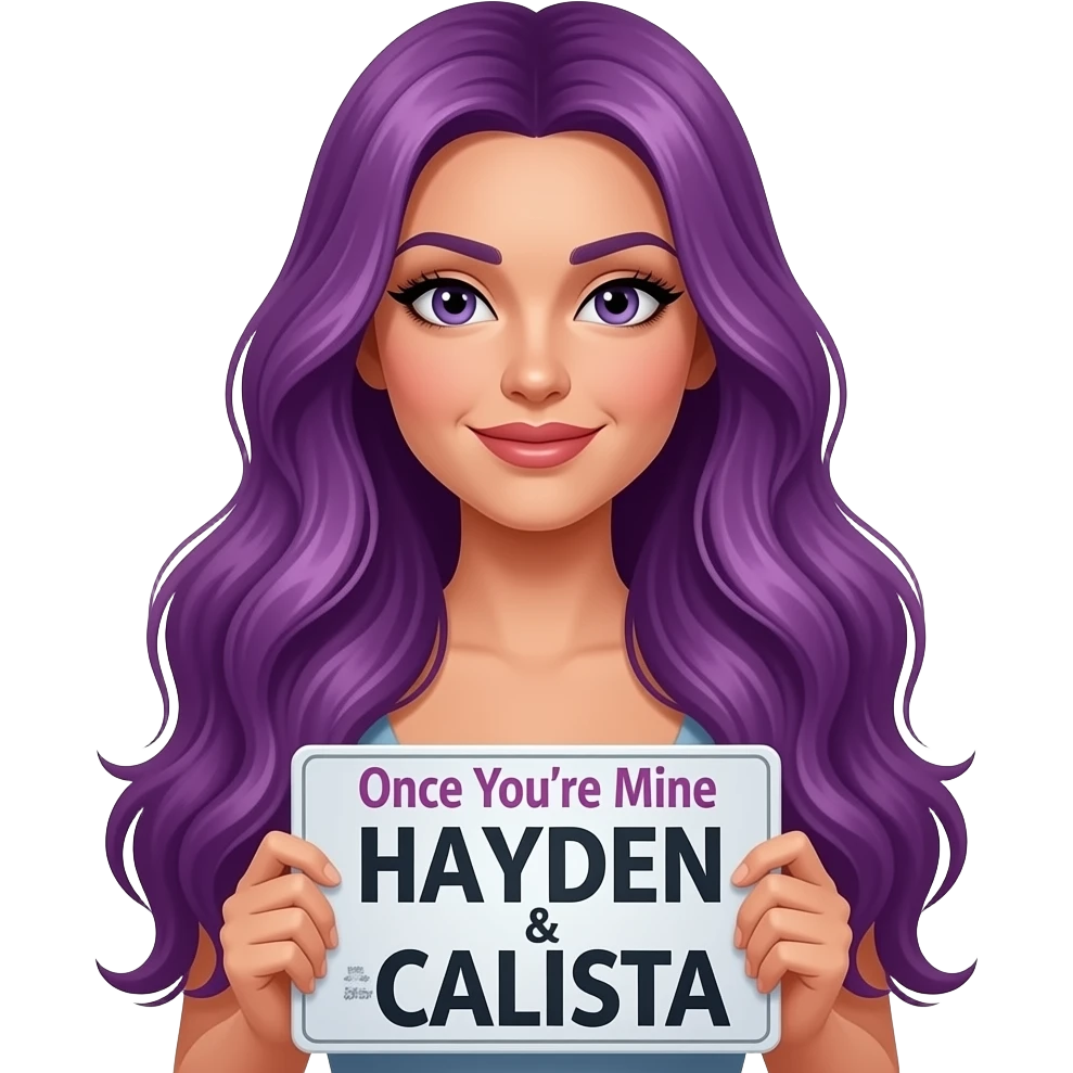 sexy girl with long purple hair holding a Once You're Mine HAYDEN & CALISTA sign emoji