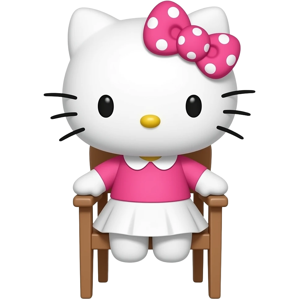 hello kitty sitting down wearing white with white skirt and a hot pink shirt with a hot pink with white polka dots bow emoji