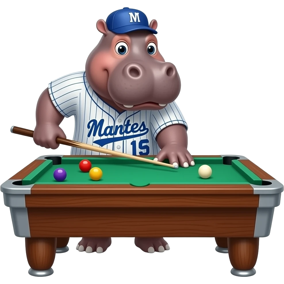 hippopotamus wearing baseball jersey playing billards emoji