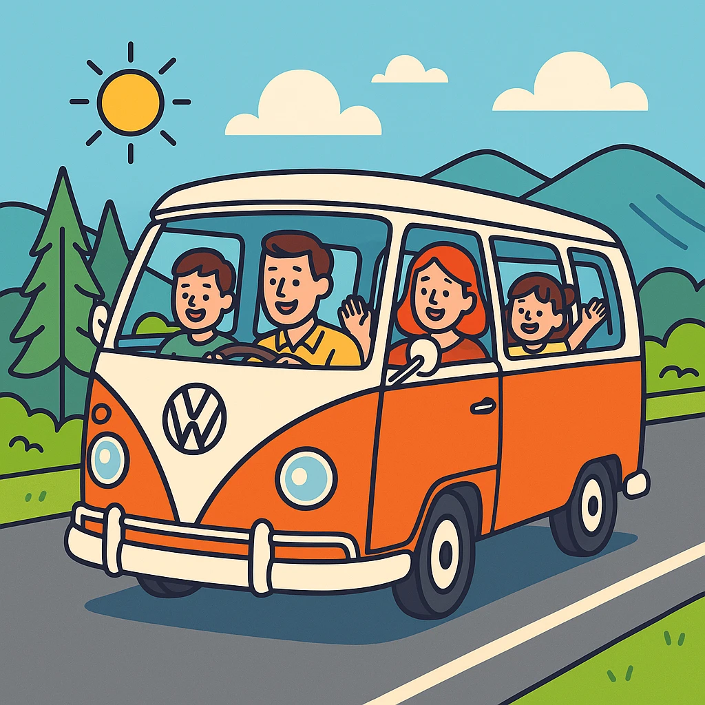 color vector art with thin outline of family on road trip with volkwagon van  emoji
