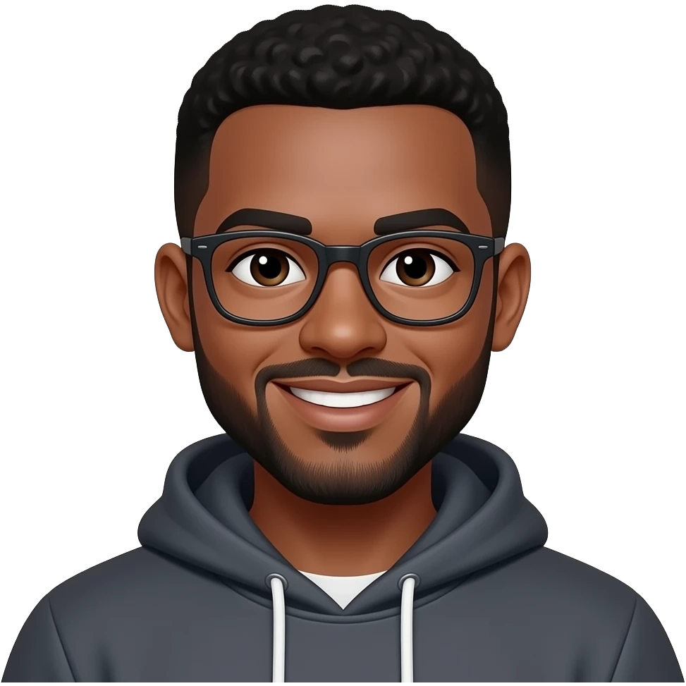 light skin black man in his 20s with short black hair. dark brown eyes. beard. glasses. smiling. wearing a hoodie. emoji