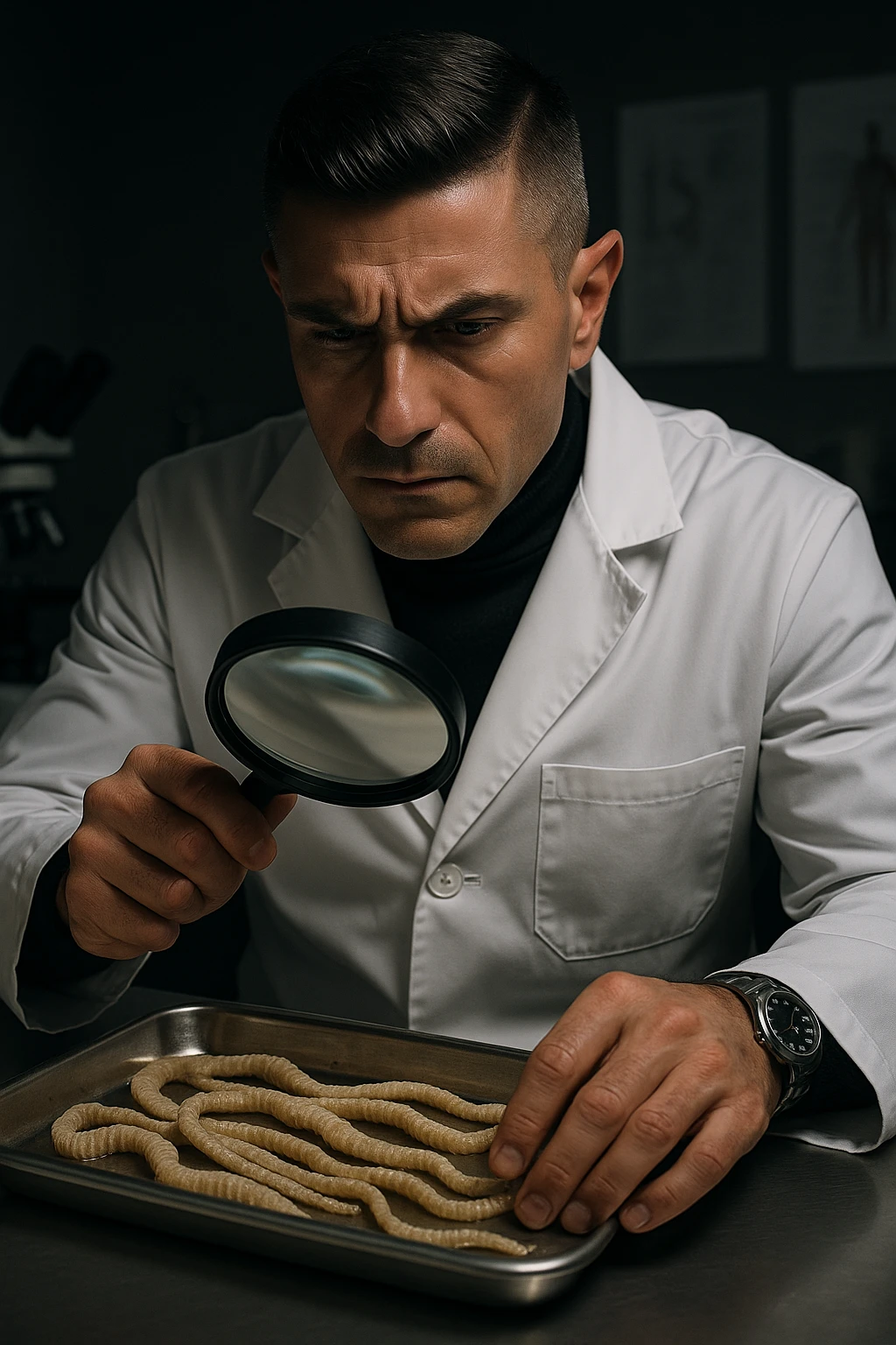 A middle-aged male kinesiologist wearing a pristine white lab coat, intensely analyzing long, beige tapeworms (like Taenia) under a magnifying glass. His expression is focused and slightly concerned, with dramatic studio lighting casting sharp shadows. The parasites are highly detailed, moist, and textured, stretched across a sterile metal tray. The background is blurred but suggests a clinical environment—hints of a microscope, medical charts, and clean lab equipment. The style is hyper-realistic, with a cinematic contrast between the bright white coat and the grotesque, organic forms of the parasites. No sci-fi elements, just raw medical realism with a disturbing edge emoji