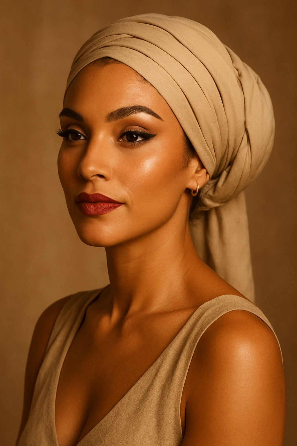 a tanned skin woman with a headscarf and makeup, elegant and expressive emoji
