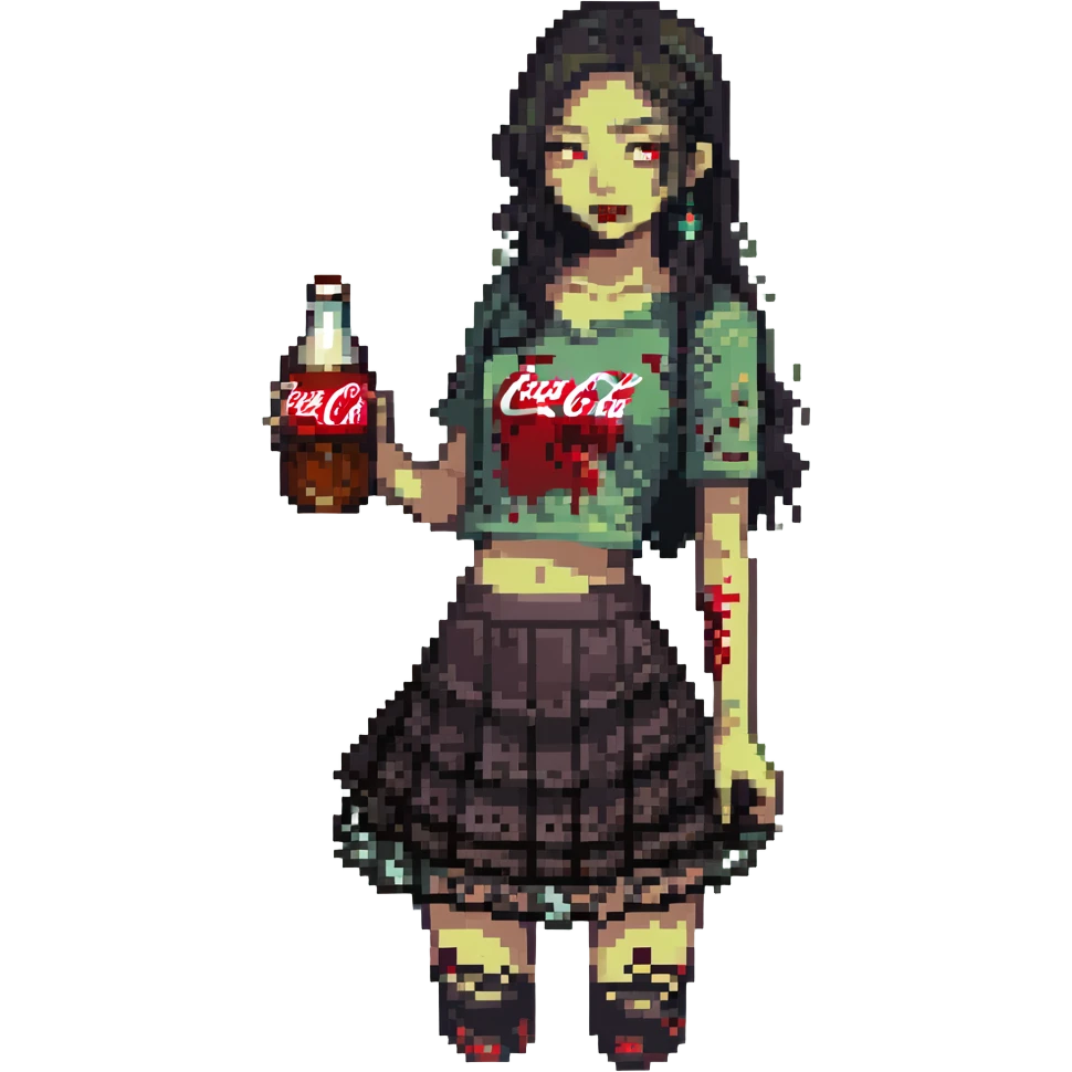 Generate an Asian girl, dark-haired, she's a zombie, wearing a skirt with lace, slightly torn,

Holding a bottle of Coca-Cola in her hands.

Background - a dark street in the style of Gotham City. emoji