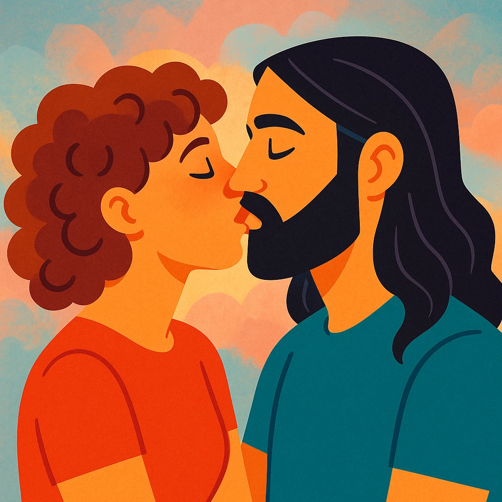 expressive illustration of a white woman with curly brown hair and a white man with long hair and a black beard kissing, soft background, romantic atmosphere emoji
